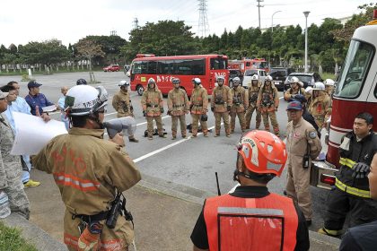 firefighters taking part in a city training exercise