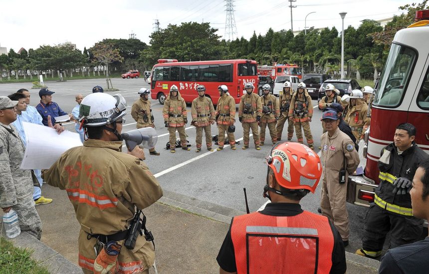 firefighters taking part in a city training exercise