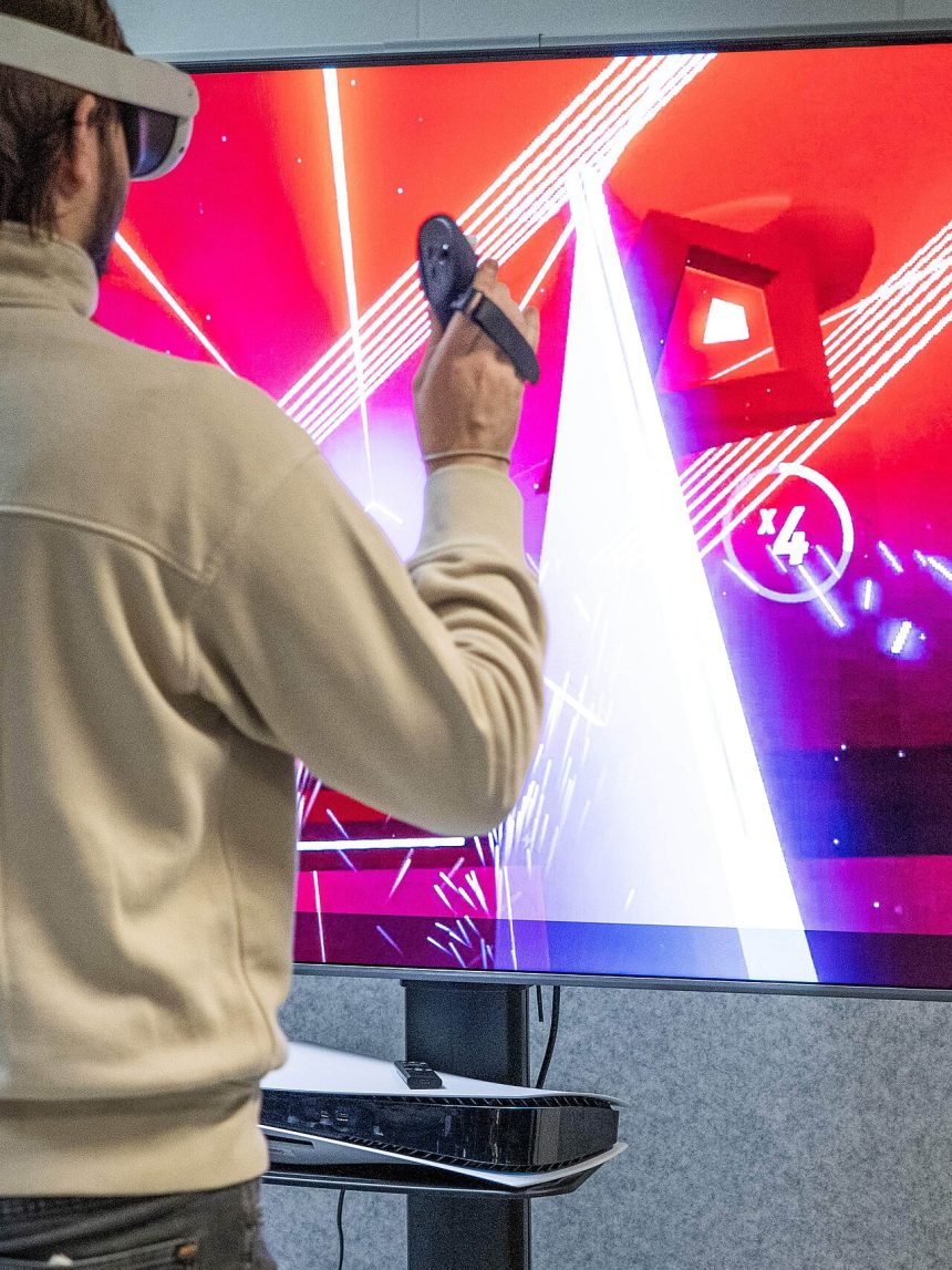 Person wearing a virtual reality headset