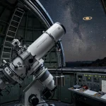Telescope observatory at night during a survey of Saturn
