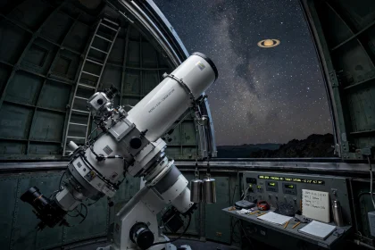 Telescope observatory at night during a survey of Saturn