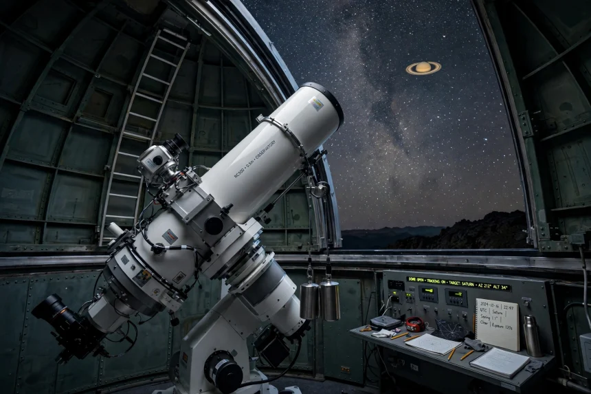Telescope observatory at night during a survey of Saturn
