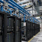 Rows of servers inside a modern AI data center