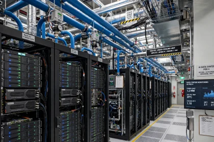Rows of servers inside a modern AI data center